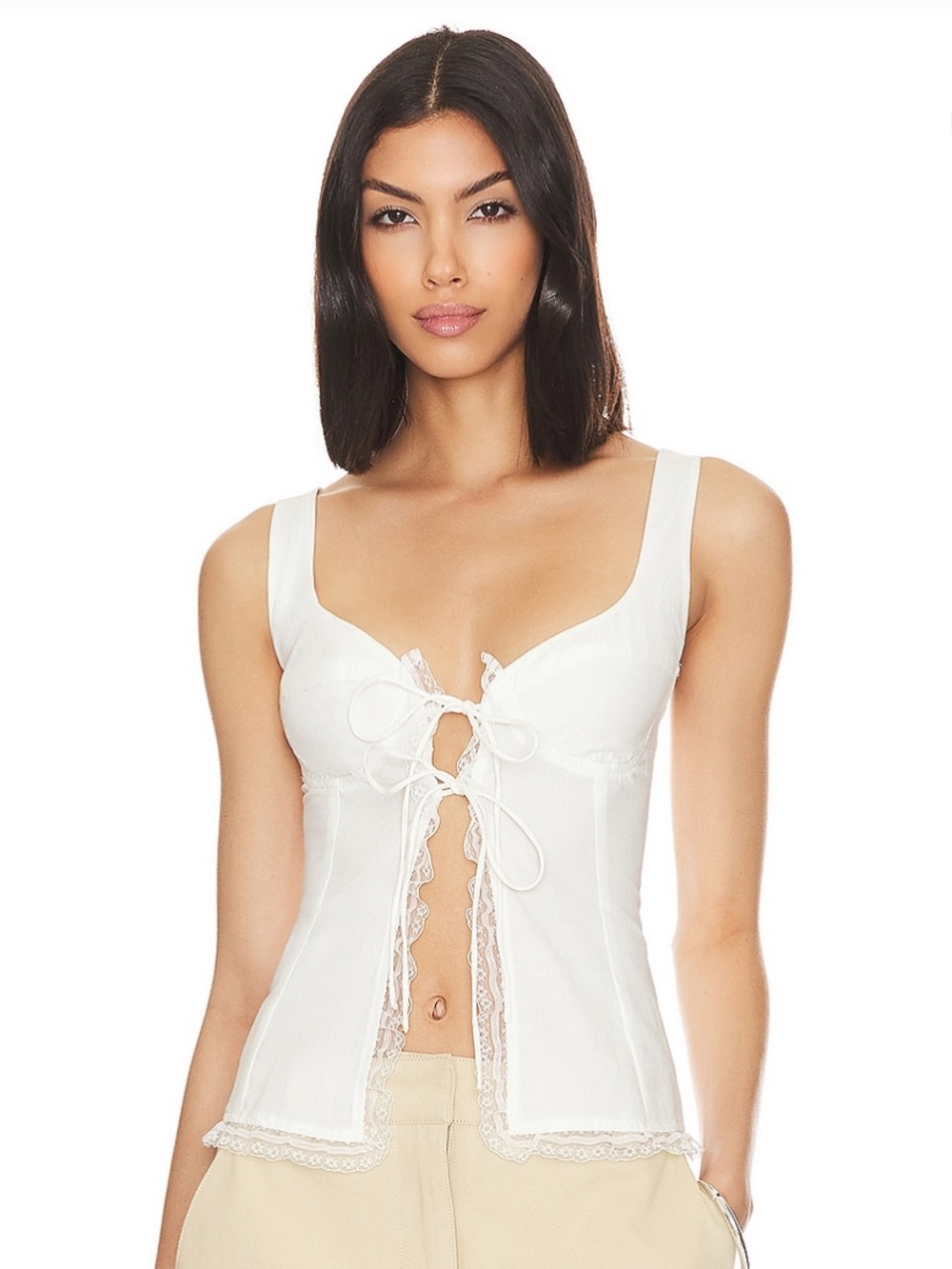 More to Come Women’s White Lace-Trim Tie-Front Top